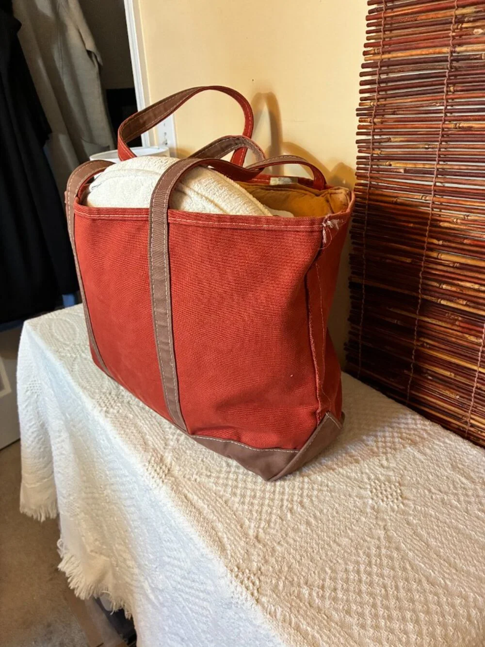 Vintage L.L. Bean XL Boat & Tote Bag Burnt Orange Brown Long Handle
